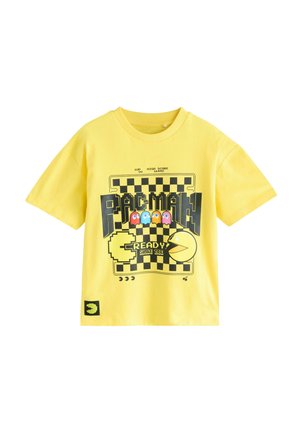 Maglietta di cotone gialla con una grafica di Pac-Man nera e colorata, con scollatura tonda e maniche corte.