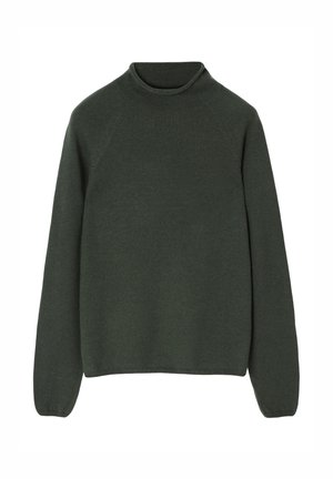 Dark green, knit sweater with a high neck, long raglan sleeves, and a relaxed fit. Smooth texture with ribbed cuffs and hem.