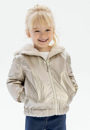 Giacca puffer argentata metallizzata con cappuccio foderato in pelliccia sintetica, zip frontale e polsini elasticizzati, indossata sopra una maglietta bianca e jeans in denim scuro.