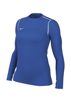 Blaues langärmliges Sportshirt mit Rundhalsausschnitt, weißen Akzentnähten und einem kleinen Logo auf der Brust, aus elastischem, glattem Material gefertigt.