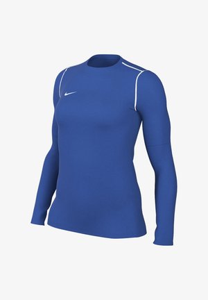 Blue long-sleeve athletic shirt featuring a round neck, white accent seams, and a small logo on the chest, made from stretchy, smooth material.
