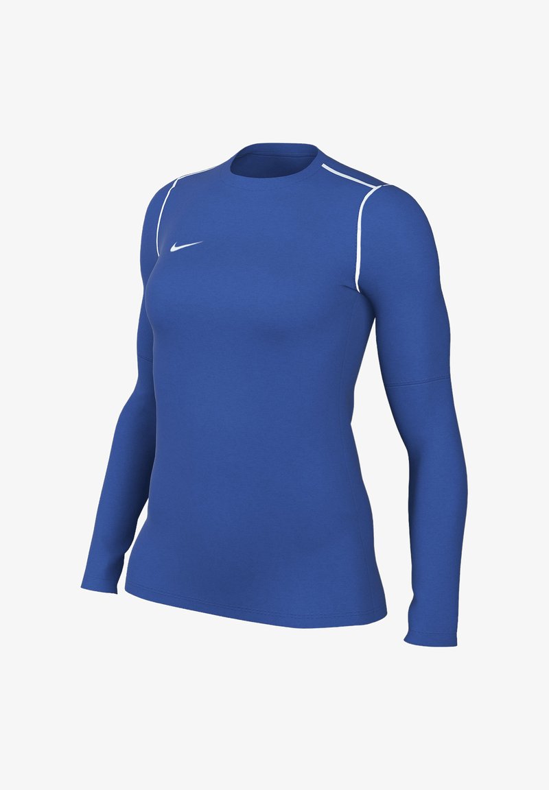 Blaues langärmliges Sportshirt mit Rundhalsausschnitt, weißen Akzentnähten und einem kleinen Logo auf der Brust, aus elastischem, glattem Material gefertigt.