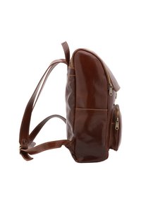 Zaino in pelle marrone con una superficie liscia, tasche con cerniera, spallacci regolabili e una forma strutturata. Presenta dettagli di cucitura visibili.