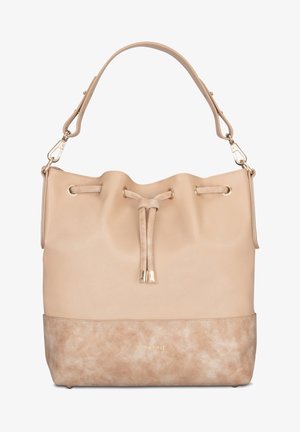 Sac bourse en cuir beige avec fermeture à cordon, ferrures dorées et section inférieure texturée. Dispose d'une unique bandoulière réglable.