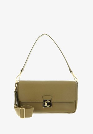 Borsa a mano in pelle verde oliva con chiusura in metallo dorato e tracolle staccabili per spalla e a tracolla.