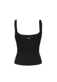 Must mustriba tank top, millekujulise disainiga, ruudukujulise kaeluse ja laia rihmaga. Keskel ees on väike pruun logo detail.
