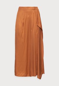 Hame yang mengalir, panjang sedang dalam nuansa oranye kaya dengan detail drap sisi, terbuat dari kain sutra. Ideal untuk pakaian santai maupun formal.