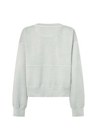 Sudadera corta de color gris claro con mangas largas, escote redondo y dobladillos en puños. Presenta detalles en panel en la parte posterior. Textura de tela suave.