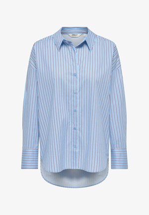 Zila pogājama krekls ar sarkanām un baltām vertikālām svītrām, garām piedurknēm, smailu apkakli un izliekta apakša.