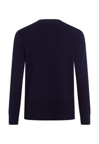 Navy blue long-sleeve sweater with a round neck, made of soft knit fabric. Features ribbed cuffs and hem. Simple and classic design.