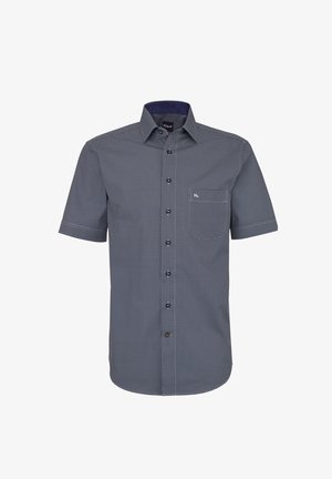 Marineblaue Kurzarm-Hemd mit kleinen weißen geometrischen Mustern und einer Brusttasche vorne.