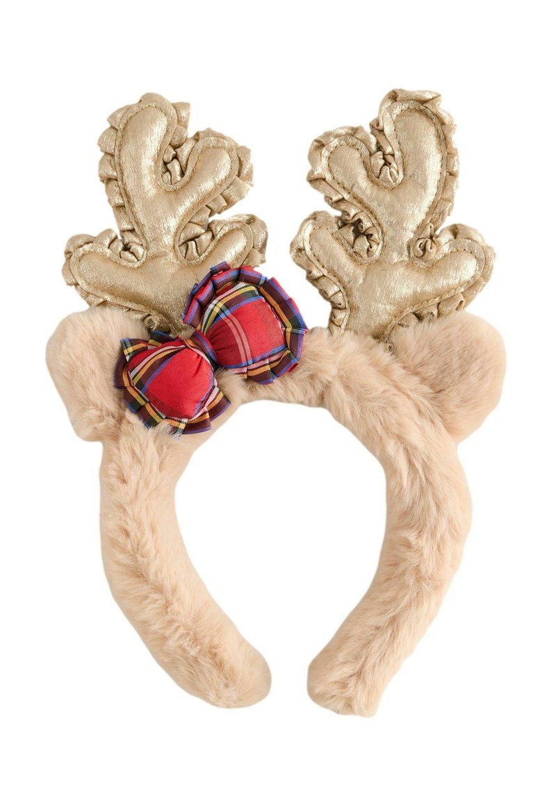Nepvacht hoofdband in lichtbeige met metallic gouden rendierantlers en een strikdetail van rode en geruite stof. Zachte textuur overal.
