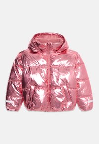 Pink metallic puffer jacket with a hood, featuring a zip front, elastic cuffs, side pockets, and reflective accents on the sleeves.