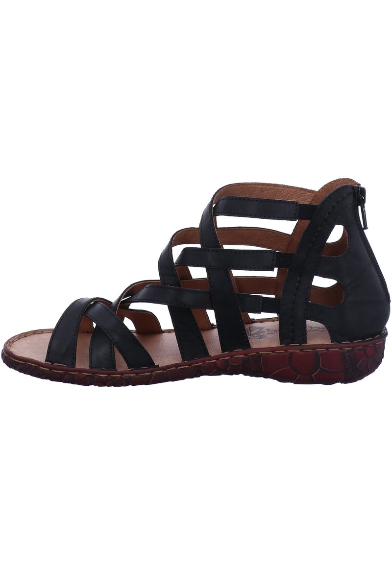 Svarta lädersandaler med kilklack, korsade remmar och dragkedja vid hälen. Platt sula med en strukturerad rödbrun slitbanemönster.