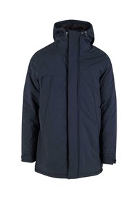 Parka blu navy con colletto alto, cappuccio con cordino, due tasche frontali e una texture liscia e resistente all'acqua.