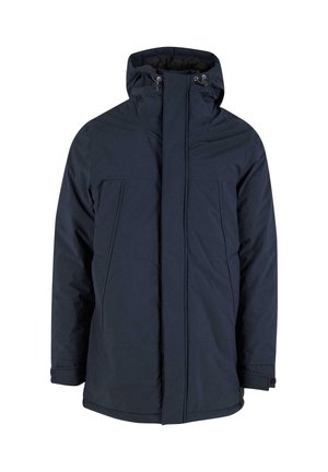 Navy blue parka jacket with a high collar, drawstring hood, two front pockets, and a smooth, water-resistant texture.