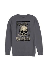 Grijze sweatshirt met een grote grafische print van een schedel, met de tekst "Bedreiging voor de Bevolking" in vetgedrukte, gestileerde letters.