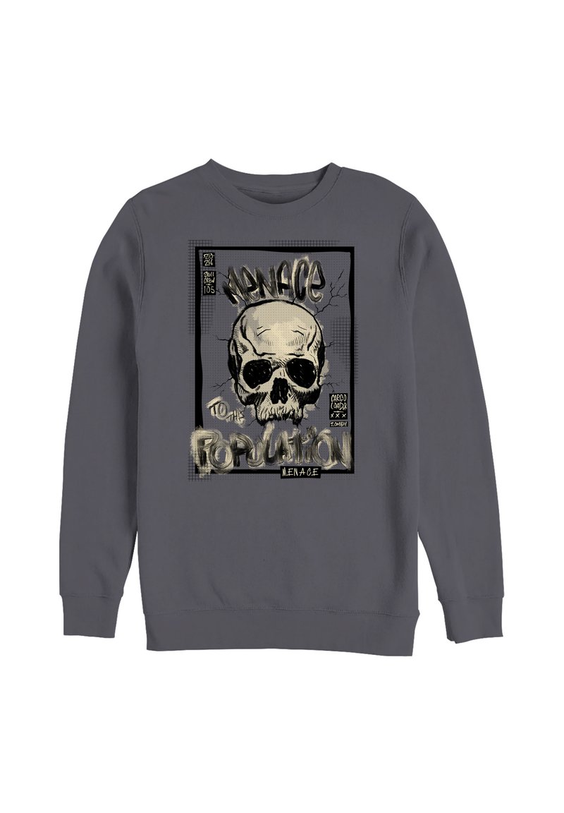 Grijze sweatshirt met een grote grafische print van een schedel, met de tekst "Bedreiging voor de Bevolking" in vetgedrukte, gestileerde letters.
