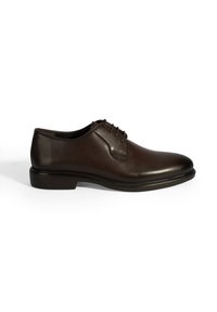 Braune Leder-Dressschuhe mit runder Zehenform, glattem Obermaterial und Schnürdesign. Die Sohle ist flach und leicht strukturiert.