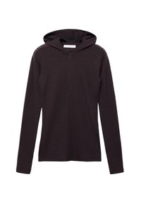 Felpa con cappuccio marrone scuro a maniche lunghe, realizzata in un materiale testurizzato. Presenta una zip frontale e un design minimalista.