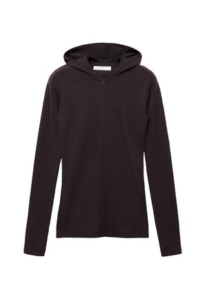 Sudadera con capucha marrón oscuro, de manga larga, hecha de un material texturizado. Presenta un cierre frontal y un diseño minimalista.