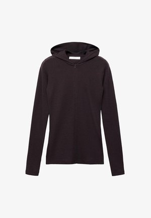 Sudadera con capucha marrón oscuro, de manga larga, hecha de un material texturizado. Presenta un cierre frontal y un diseño minimalista.