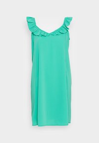 Um vestido sem mangas, em turquesa, com um decote franzido. O tecido é suave e o design é de corte solto, caindo acima do joelho.