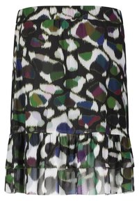 Black skirt with a multicolored abstract pattern, featuring frilled hem and elastic waistband. Made from lightweight, textured fabric.
