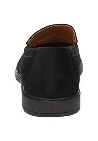 Schwarzer Velourslederschuh mit einem runden Absatz und glattem Lederfutter. Verfügt über dezente Nähte und eine flache Gummisohle.