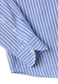 Camisa a rayas azul y blanca con puños abotonados, fabricada en tela ligera y con un dobladillo trasero. Las rayas están evenly spaced y son horizontales.