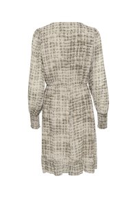 Robe à manches longues avec un motif abstrait beige et gris, taille cintrée et poignets froncés, dotée d'un ourlet à volants à la fin.