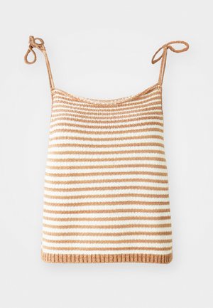 Striped knit top with adjustable ties, featuring alternating brown and white horizontal stripes, a snug fit, and a ribbed hem.