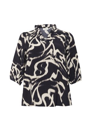 Bluză imprimată cu un model abstract în alb și negru, decolteu în V, mâneci până la trei sferturi și accente volan. Țesătură ușoară.