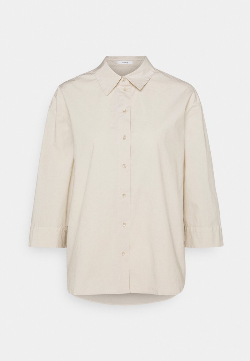 Beiges Hemd mit Kragen, dreiviertellangen Ärmeln, Knopfverschluss und lockerem Schnitt aus glattem Baumwollstoff.