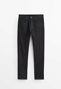 Mörkblå denimjeans med slim-fit, femfickdesign och standard dragkedja. Har subtila sömmar och metallbeslag.