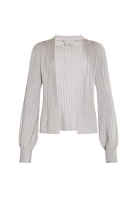 Lichtgrijze cardigan met geribbelde textuur, open voorkant, lange mouwen met aansluitende manchetten, en een lichte stof.