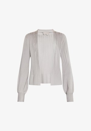 Jasnoszary kardigan o prążkowanej fakturze, z otwartym przodem, długimi rękawami z dopasowanymi mankietami oraz lekkim materiałem.