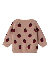 Strickpullover in hellrosa mit einem Muster aus roten Marienkäfern mit schwarzen Punkten, Rundhalsausschnitt sowie gerippten Bündchen und Saum.