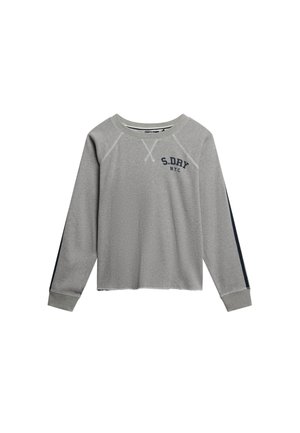 Sweatshirt gris à manches longues avec des accents bleu marine. Doté d'un col rond, d'une texture côtelée et d'un logo "S.DRY N.Y.C." sur la poitrine gauche.