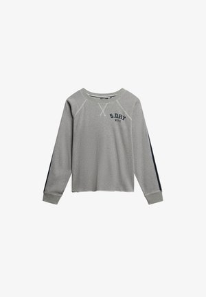 Grauer Langarm-Sweatshirt mit navyfarbenen Akzenten. Verfügt über Rundhalsausschnitt, gerippte Textur und Frontlogo "S.DRY N.Y.C." auf der linken Brust.
