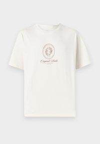 Cremefarvet bomulds T-shirt med rund halsudskæring, korte ærmer og et centralt trykt design med en oval og tekst i brun.
