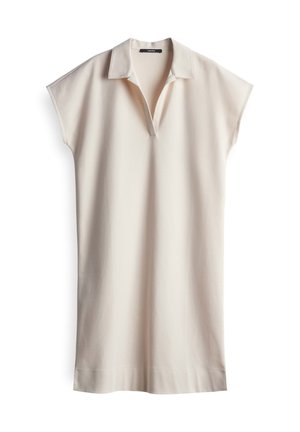 Helles beige Kurzarmkleid mit Kragen und V-Ausschnitt. Hergestellt aus glattem Stoff, mit gerader Silhouette und seitlichen Schlitzen am Saum.
