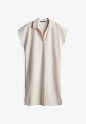 Helles beige Kurzarmkleid mit Kragen und V-Ausschnitt. Hergestellt aus glattem Stoff, mit gerader Silhouette und seitlichen Schlitzen am Saum.