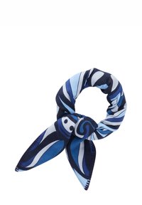 Foulard di seta in tonalità blu con motivi astratti a onde, caratterizzato da un design annodato e punte affusolate per uno styling versatile.