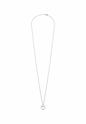 Collana d'argento con una delicata catena e un pendente a forma di cuore, caratterizzata da un design aperto e una finitura lucida. Misure non specificate.