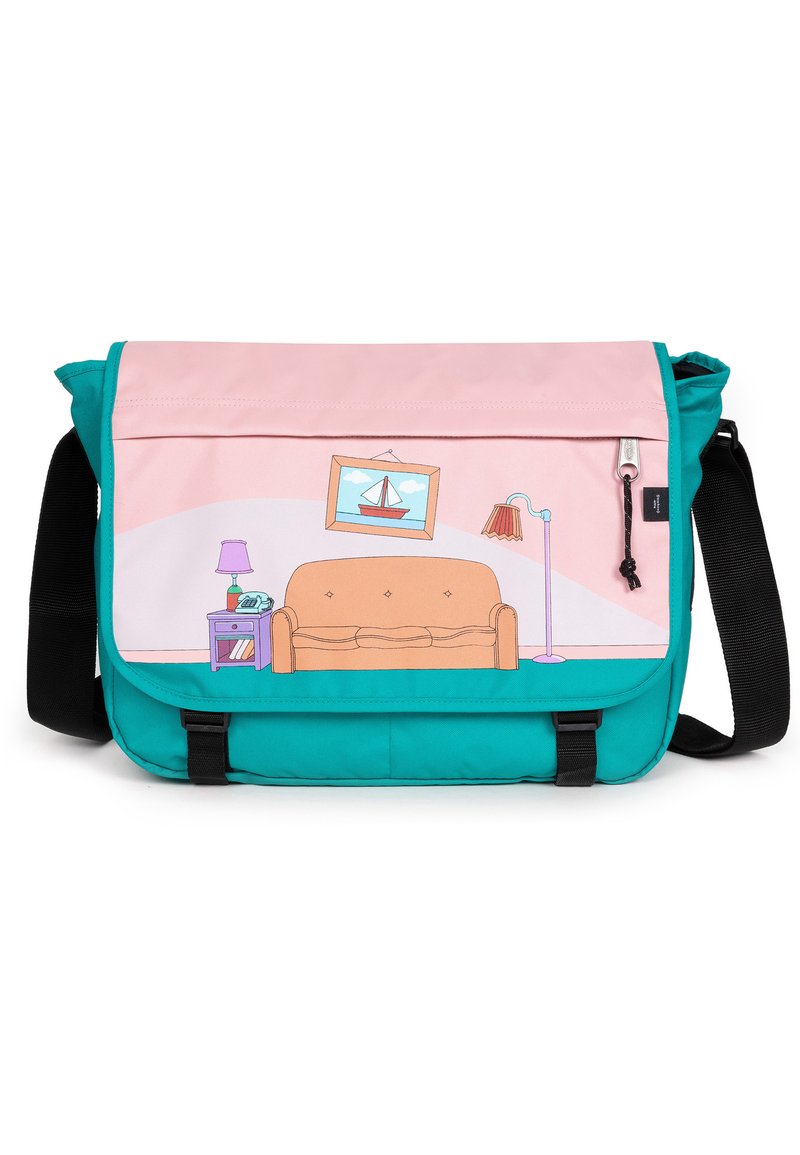 Kleurrijke schoudertas met een roze flap met cartoonmeubilair ontwerp, teals lichaam, zwarte schouderband en een ritsvak.