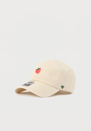 Cream-colored cap with a strawberry embroidery on the front, curved visor, and green accent stitching featuring the brand logo on the side.