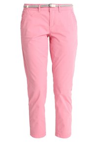 Rosa bomullsbukser med slim fit, med ett vävt bälte med ett silverfärgat spänne och dekorativa sömmar längs fickorna.