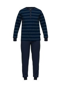 Marin gestreiftes Freizeitanzug-Set, bestehend aus einem langärmligen Oberteil mit Knopfkragen und passenden Hosen mit elastischen Bündchen und Taschen.