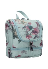 Zaino a motivo floreale di colore azzurro chiaro, realizzato in tessuto. Presenta scomparti con zip e una maniglia superiore per il trasporto.